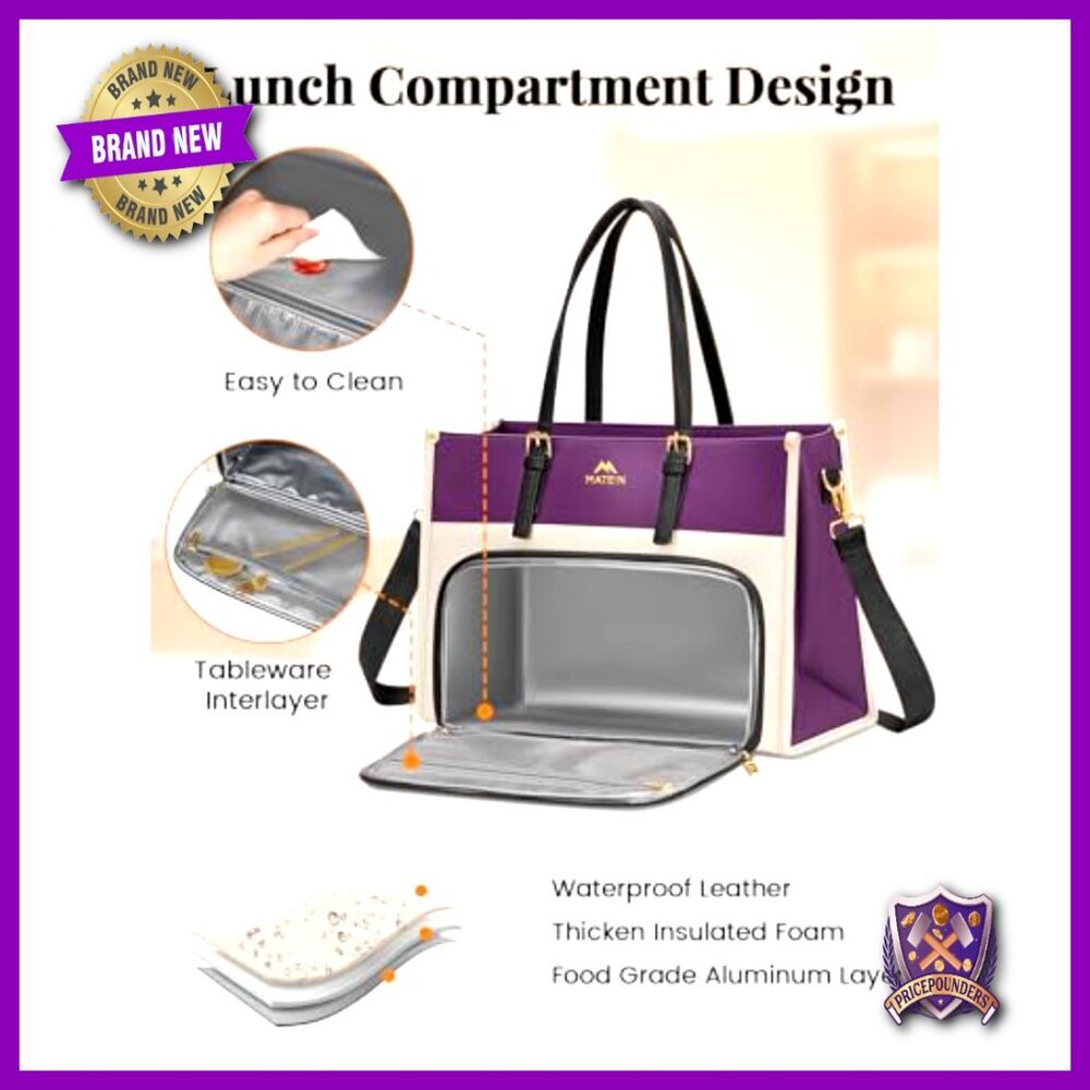 PU Leather Laptop Tote with Insulated Lunch Compartment Professional Work Bag - Picture 4 of 6